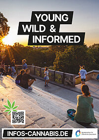 Plakatmotiv mit jungen Menschen bei Sonnenuntergang auf einer Treppe, die zu einem Park führt
